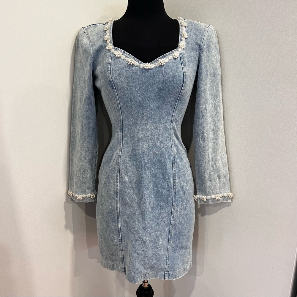 Vintage Rampage Denim Dress size 5 Acid Wash Long Sleeve Beaded Trim 90s Y2K